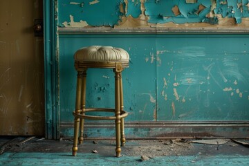 Elegant upholstered stool with gold painted legs is standing in front of a decaying wall with peeling paint