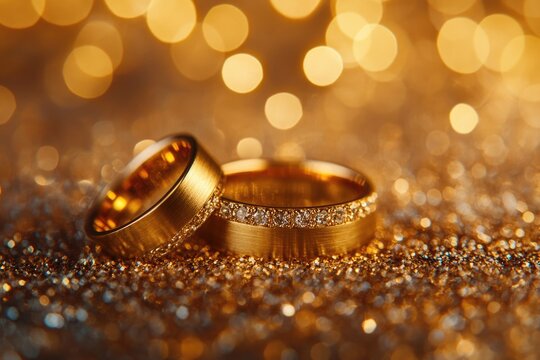 Gold wedding bands on glitter background symbolize love and romance.