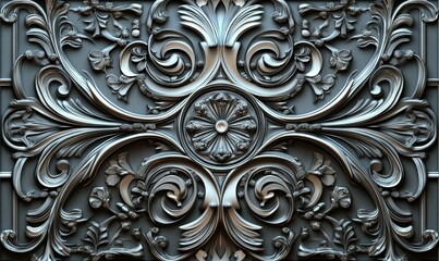 Ornate silver, floral relief, dark background.