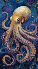 Colorful octopus swimming gracefully in a vibrant underwater world filled with swirling patterns and lively fish