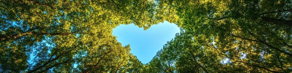 Fototapeta premium A heart-shaped gap in the forest canopy revealing a clear blue sky, symbolizing love for nature.