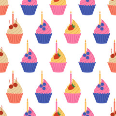 Seamless pattern with colorful cupcakes with candles and berries on white background. Holiday muffins. Dessert for birthday, anniversary. Vector flat illustration for wallpaper, textile, packaging