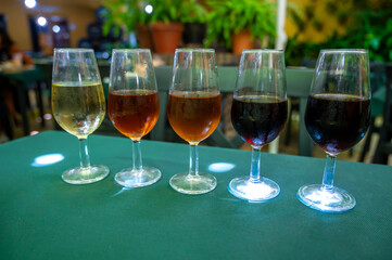 Flight of five sherry wine from barrels, fino, manzanilla, olorosso, amontillado, pedro ximenez jerez wines in old tavern, wine tasting, Sanlucar de Barrameda, Cadiz, Andalusia, Spain