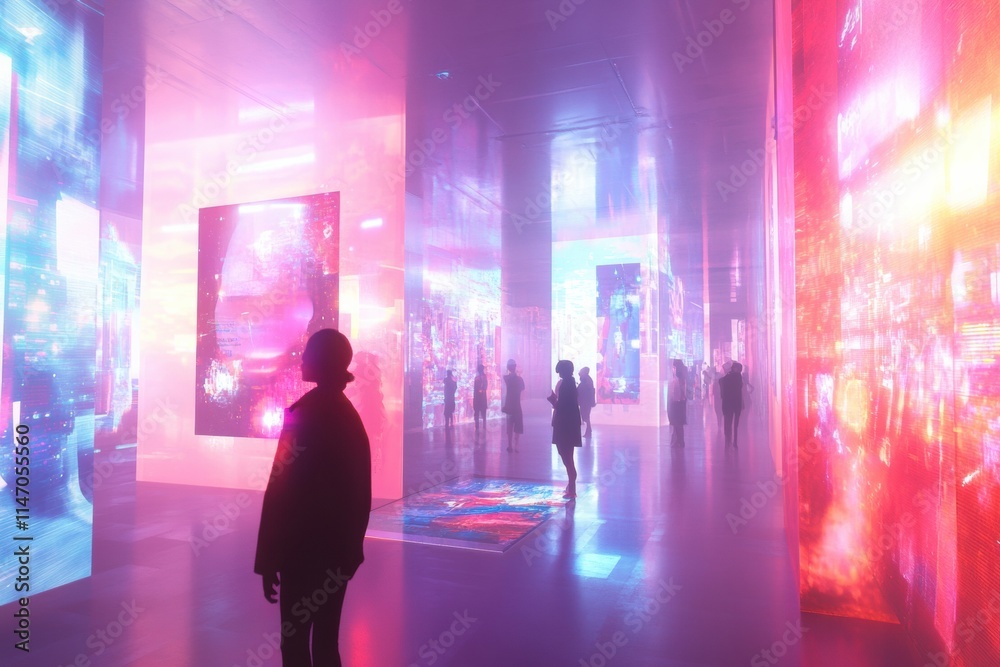 Aufkleber Visitors walk through a captivating digital gallery showcasing virtual art pieces and animated avatars, immersed in a lively atmosphere. Generative AI