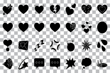 Collection of Black Heart, Chat, and Emoticon Icons - Decorative Silhouettes on Transparent Background