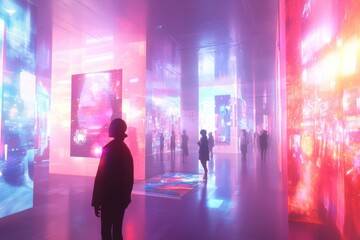 Visitors walk through a captivating digital gallery showcasing virtual art pieces and animated avatars, immersed in a lively atmosphere. Generative AI