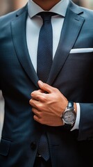 Man adjusting suit and tie in formal attire before an important event during evening