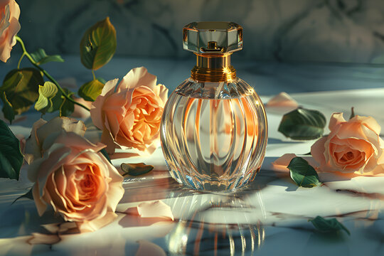 Elegancki flakon perfum otoczony świeżymi r&oacute;żami w delikatnym świetle, kt&oacute;re podkreśla szklany design i złote detale butelki. 