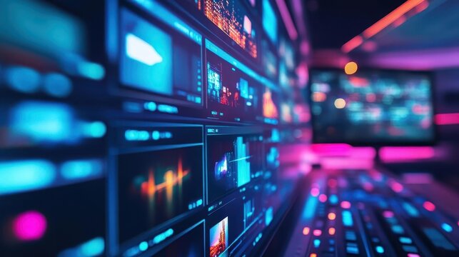 A bright marketing studio where glowing screens display storytelling techniques for social media campaigns