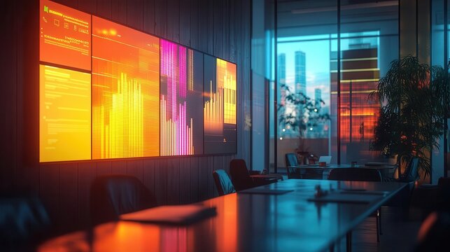 A bright marketing studio where glowing screens display storytelling techniques for social media campaigns