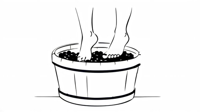 person treading grapes, winemaking process, outline illustration, foot