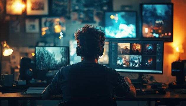 A bright studio where creators discuss content strategies, glowing visuals enhancing their focus