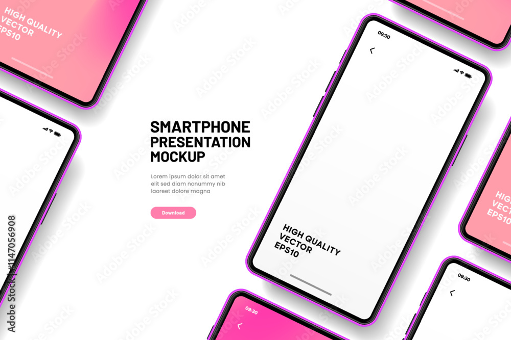 Poster Realistic smartphone mockup. Mobile phone vector with isolated on white background. Device front view. 3D mobile phone with shadow. Realistic, high quality smart phone mockup for ui ux presentation.
