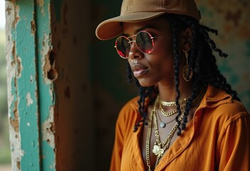 A woman with long dreadlocks and sunglasses looks off to the side.