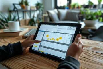 Person holding digital tablet filling out an online survey form at a wooden desk.