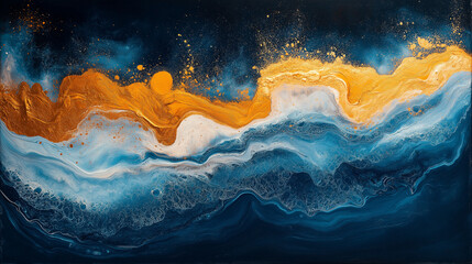 Golden Hour Abstract: Blue, gold, and white fluid acrylic pour painting.  Textured waves of color...