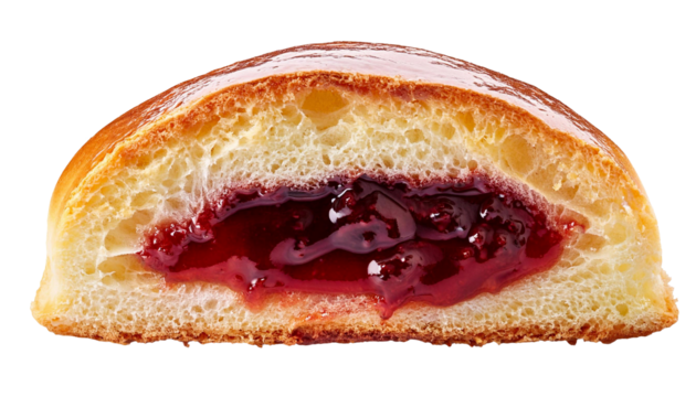 Sweet bun filled with raspberry jam on transparent background