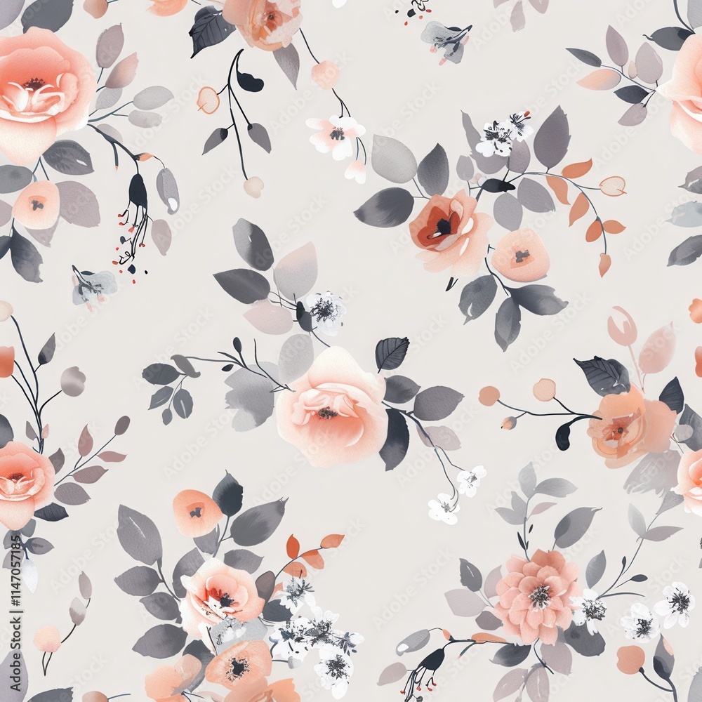 Aufkleber elegant floral pattern with soft roses and delicate leaves on a light background. generative ai