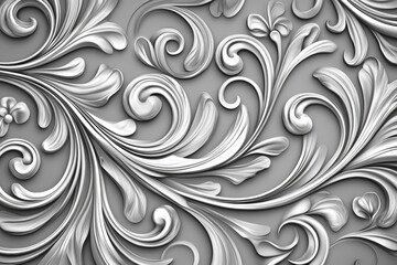 Silver, ornate, swirling, floral, relief pattern.
