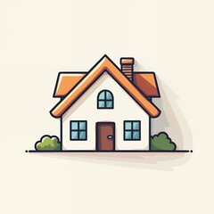 Simple White House Cartoon Illustration Orange Roof Green Bushes