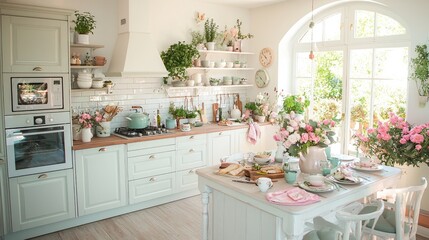 Bright, airy kitchen with pastel cabinets, island, floral decor, and large window.