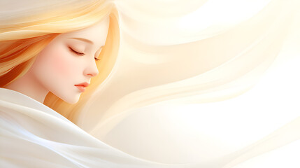 A serene digital illustration of a young woman with flowing blonde hair, showcasing beauty and tranquility against a soft, abstract background.