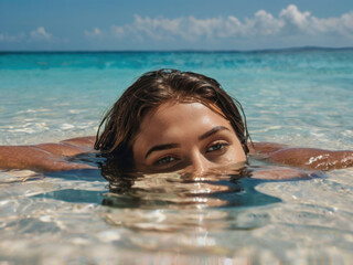 Hermosa mujer sumergida en una playa tropical
