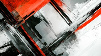 Abstract painting, red, black, gray brushstrokes.