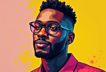 A vibrant illustration of a man wearing glasses and a red jacket, with a yellow and pink background.
