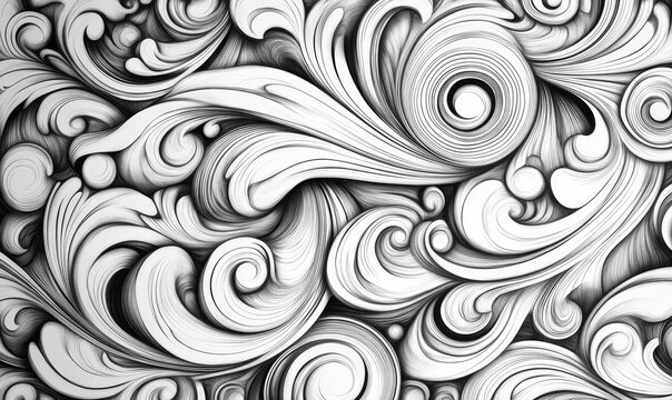 Abstract grayscale swirls, flowing lines, ornate pattern.