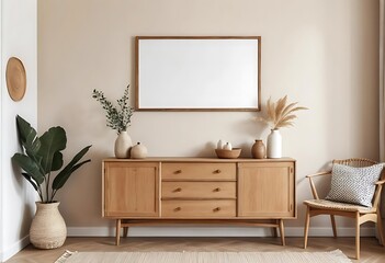 Modern Scandinavian Living Room with Rustic Wooden Sideboard and Blank Frame on Beige Wall
