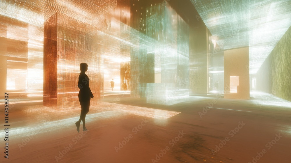 Poster A virtual gallery features stunning digital artworks and avatars set within a luminous, futuristic environment filled with colorful light. Generative AI