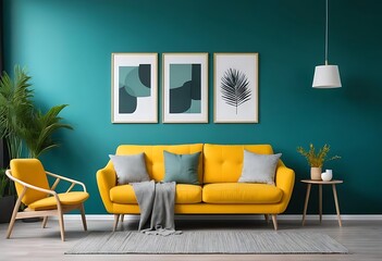 Modern Scandinavian Living Room with Vibrant Yellow Sofa, Chair, and Teal Wall. Interior Design Concept for Home Decor Inspiration