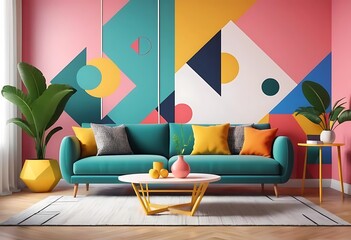 Modern Living Room with Vibrant Sofa and Abstract Geometric Shapes in Postmodern Memphis Style Interior Design