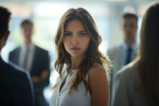 Female employee standing with a frustrated expression while being blamed by a group of businesspeople in an office setting.