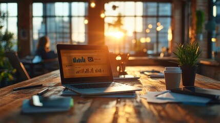 A glowing timeline showing the rollout of a new social media campaign in a sunny workspace