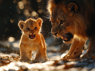 Obraz premium Lion Cub and Male Lion in the Wild: A dramatic close-up of a lion cub and a majestic male lion facing each other in a snowy forest clearing, bathed in the warm glow of the setting sun.