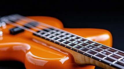 Fototapeta premium Electric bass guitar with a glossy orange body and wooden fretboard rests against a dark background in a close-up studio shot.