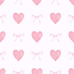 heart, bow. Watercolor seamless pattern in pastel colors for textile and paper. Cute watercolor illustration for Valentine's Day