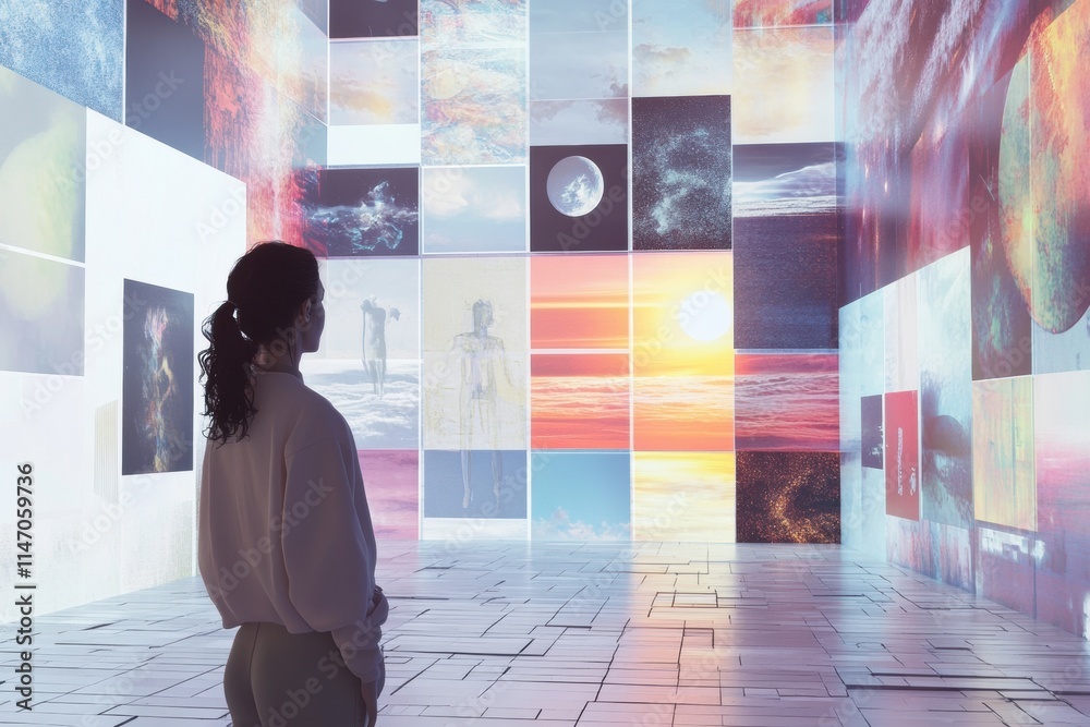 Poster Visitors engage with an immersive digital gallery featuring virtual artworks and customizable avatars in a vibrant environment. Generative AI