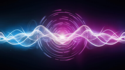 Abstract wave patterns with vibrant blue and pink hues create a dynamic and energetic atmosphere, symbolizing technology and innovation.