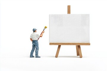 Miniature people Painter holding a brush at The front of a whiteboard isolated on white background with clipping path