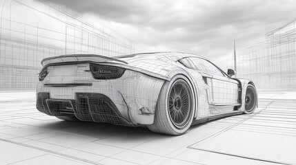 Wireframe rendering of a futuristic sports car in an urban setting.