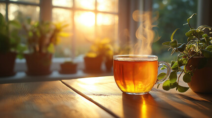 Steaming Glass Cup of Tea on Empty Table with Warm Ambient Lighting, Suggesting Comfort and Ease