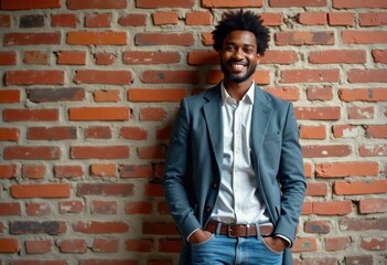 A man in a blue blazer and white shirt smiles confidently against a red brick wall.