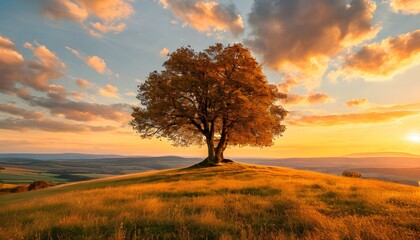 Fototapeta premium A lone tree stands on a golden hill at sunset, creating a serene landscape.