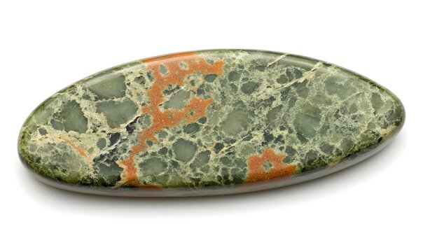 Polished dragonstone with green, orange, and black patterns.