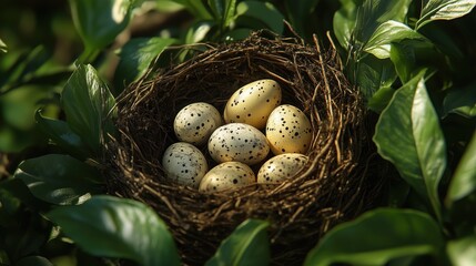 Fototapeta premium Speckled bird eggs in nest among lush green leaves