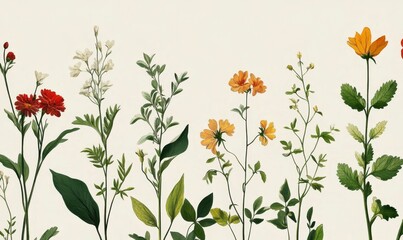 Floral arrangement, various colors, pressed flowers, botanical illustration.