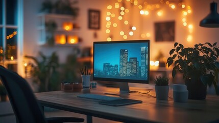 A serene workspace where content creators discuss ideas, glowing visuals enhancing the creative process